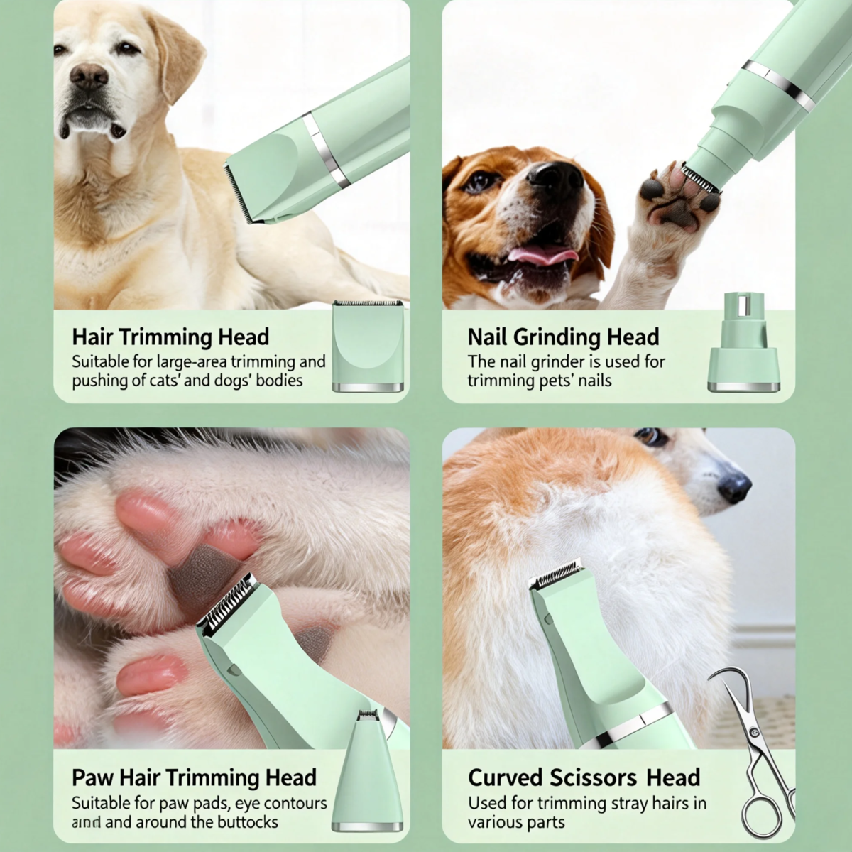 Ultimate 4-In-1 Pet Grooming Kit for Small Dogs and Cats - Quiet, Rechargeable Hair Trimmer with Interchangeable Heads and Nail Grinder